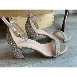 DELICACY Sunshine Block Heel Rhinestone Shoes Formal Prom Wedding NEW 37 8